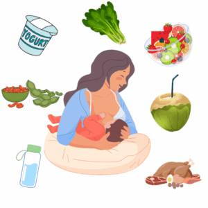 Breastfeeding mom eating a healthy, balanced meal while nursing her baby. 